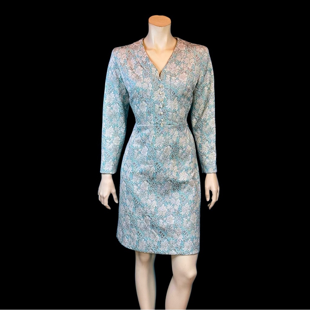 60s ROBINS EGG Blue and Silver Metallic Brocade Cocktail Party Dress / M